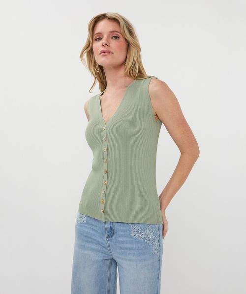 Top slv/lss fake placket knit