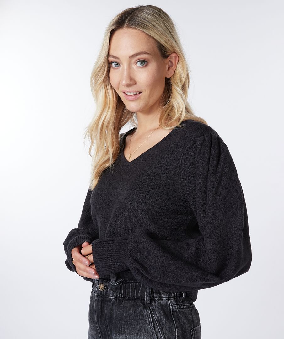 Sweater puffed shldr V-neck