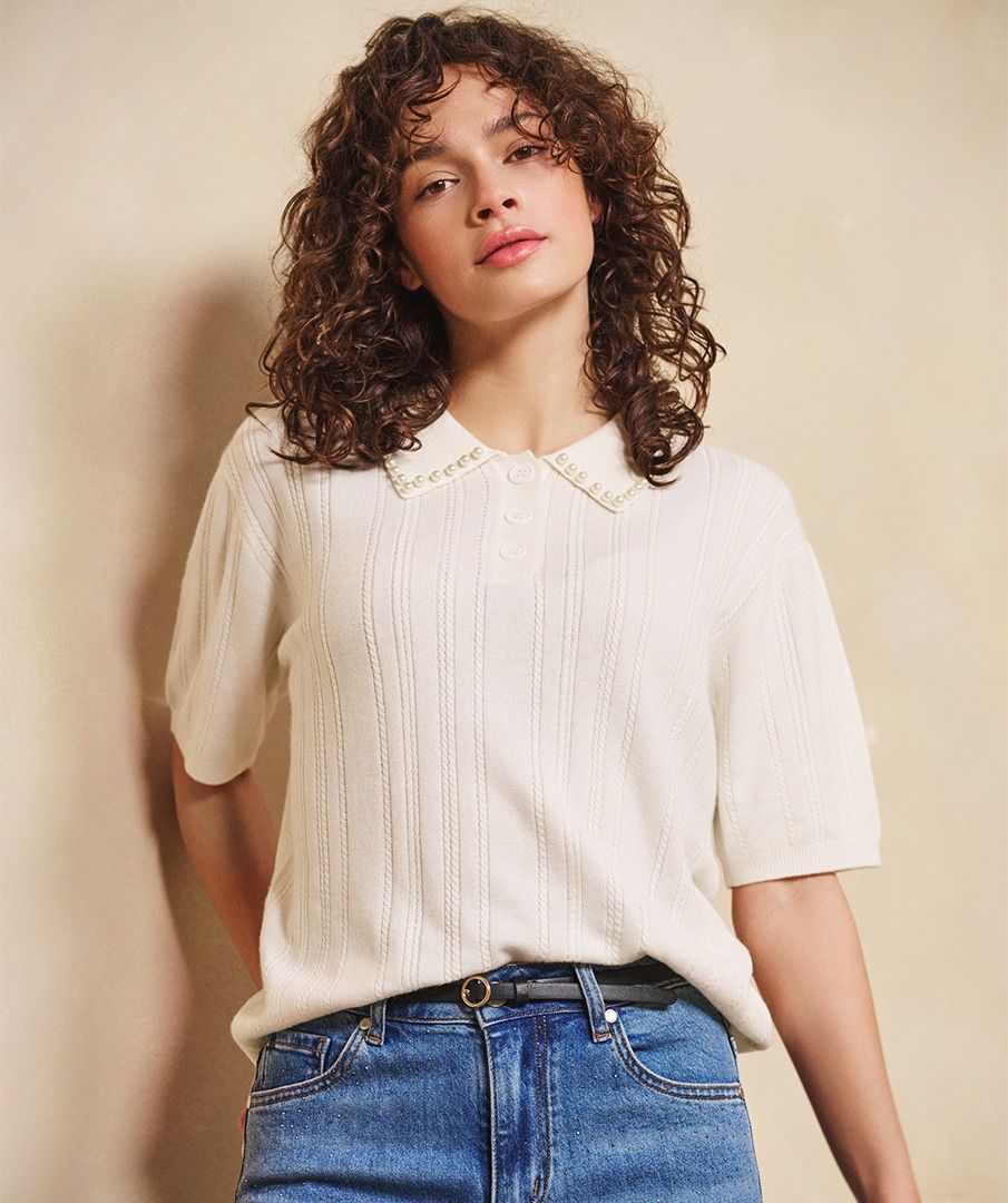 Sweater s/slve pearls collar