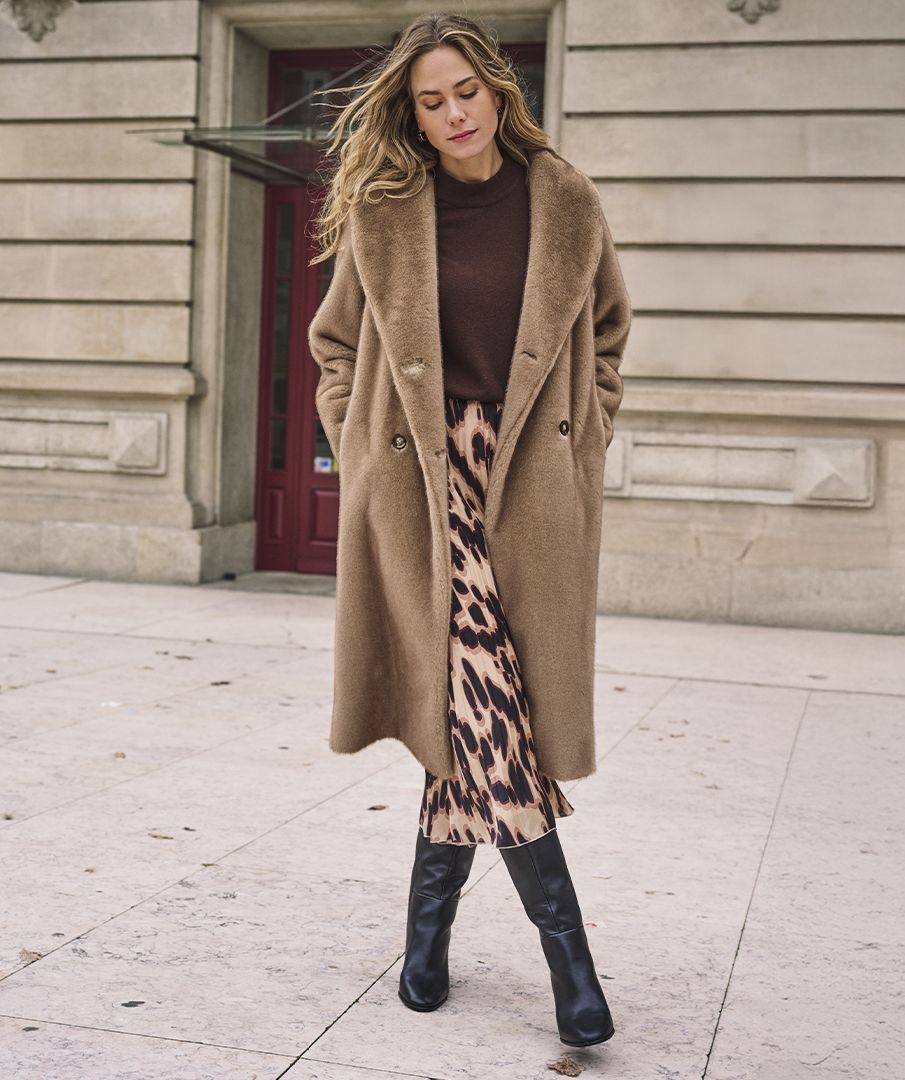 Coat long two tone fake fur bonded suedine
